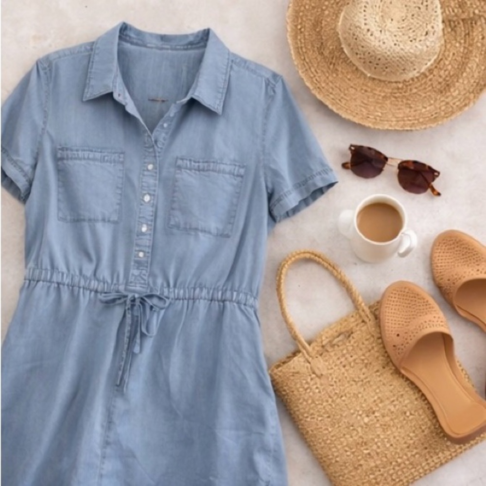 Chambray Shirt Dress  Denim Short Sleeve Button Front drawstring waist size XL - Picture 4 of 14